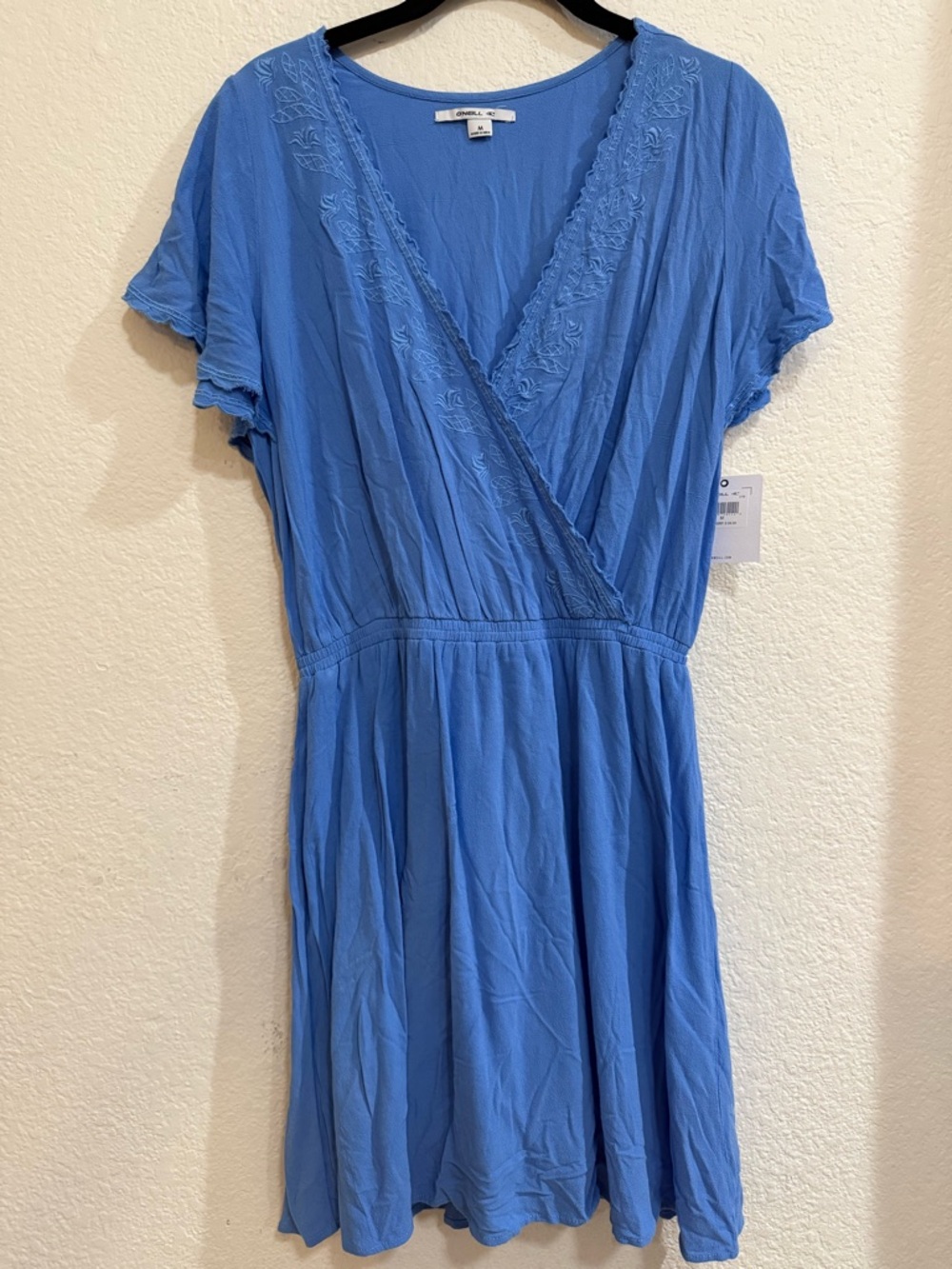 O'Neill Blue Wrap-Style Embroidered Short Sleeve Mini Dress